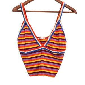 Zara Retro 70s Boho Chic Festival Crochet Rainbow Striped VNeck Cami Tank Large